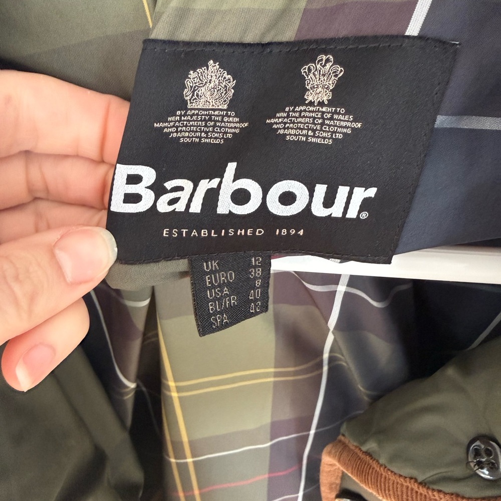 Barbour Olive Green Quilted Trench Coat with Brown Trim - Picture 7 of 7